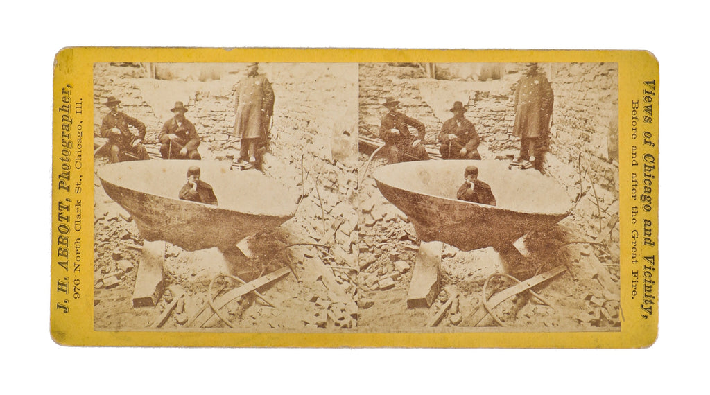 original highly sought after early 1870's antique american stereoscopic card for viewing uniformed officers surrounding chicago courthouse bell shortly after the great chicago fire