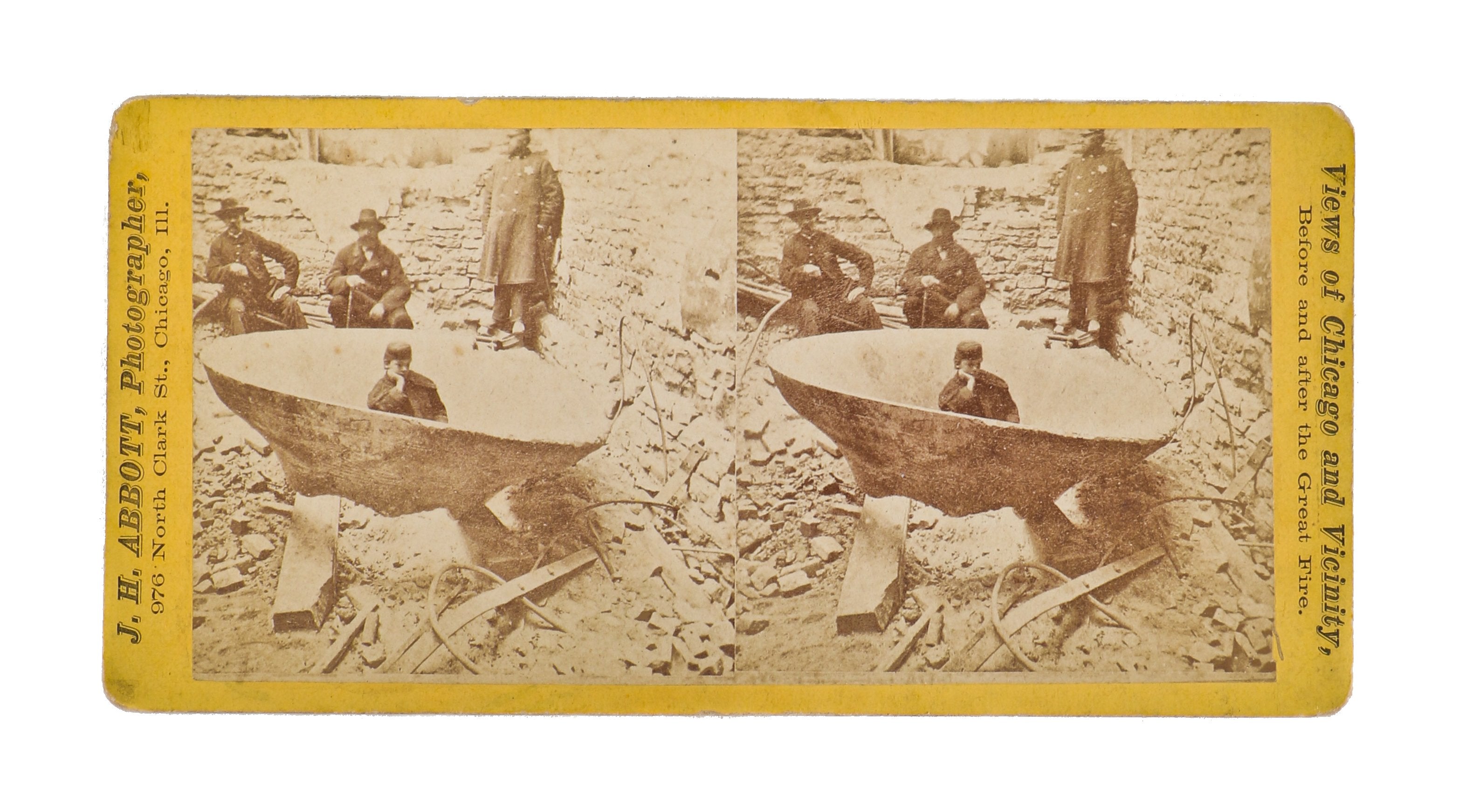 original highly sought after early 1870's antique american stereoscopic card for viewing uniformed officers surrounding chicago courthouse bell shortly after the great chicago fire