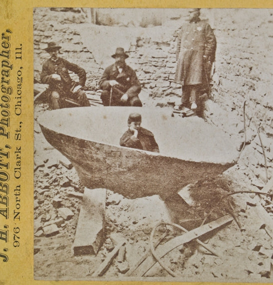 original highly sought after early 1870's antique american stereoscopic card for viewing uniformed officers surrounding chicago courthouse bell shortly after the great chicago fire
