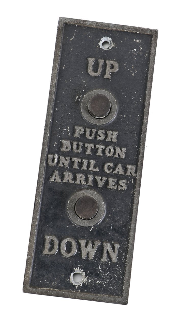 late 1920's antique american industrial cast aluminum single-sided chicago hotel building service elevator push button car "call" plaque with original black enameled inlay