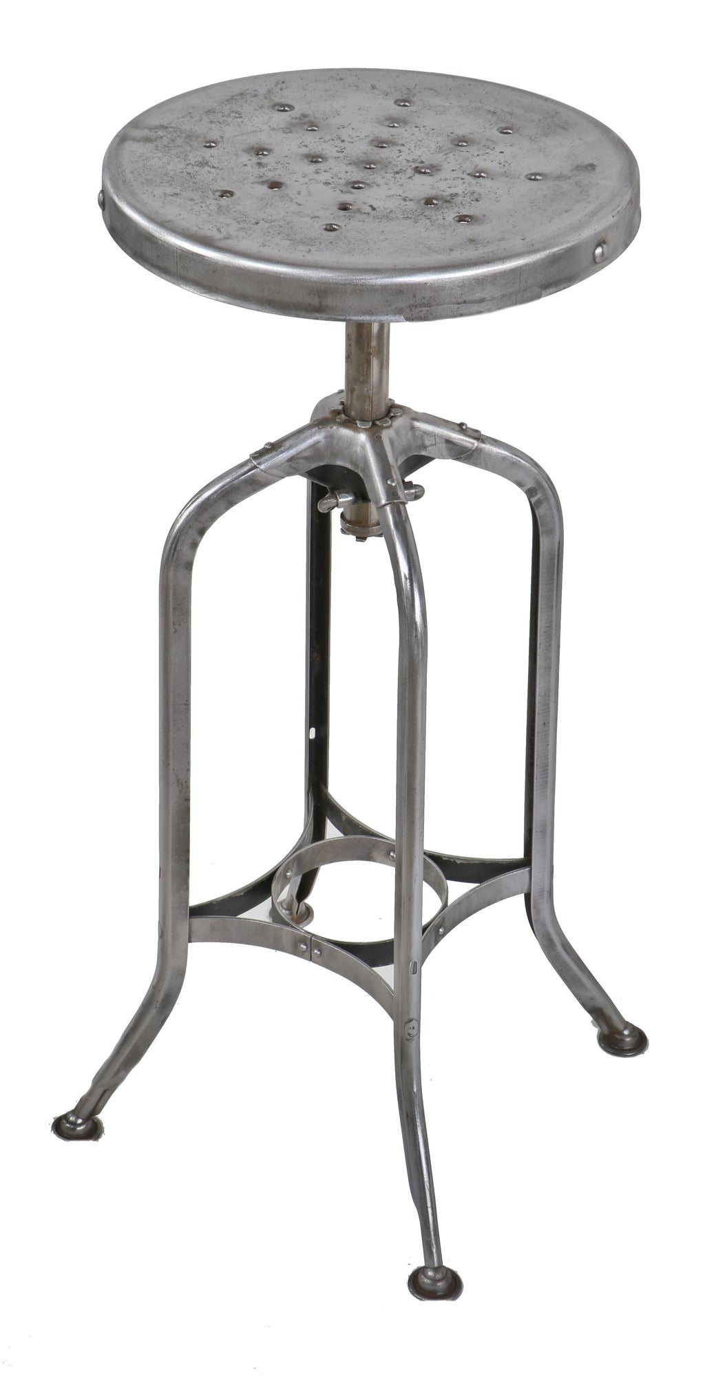 c. 1930's pressed and folded adjustable height "uhl art steel" heavy gauge cold-rolled steel four-legged toledo stool with perforated circular-shaped seat