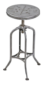 c. 1930's pressed and folded adjustable height "uhl art steel" heavy gauge cold-rolled steel four-legged toledo stool with perforated circular-shaped seat
