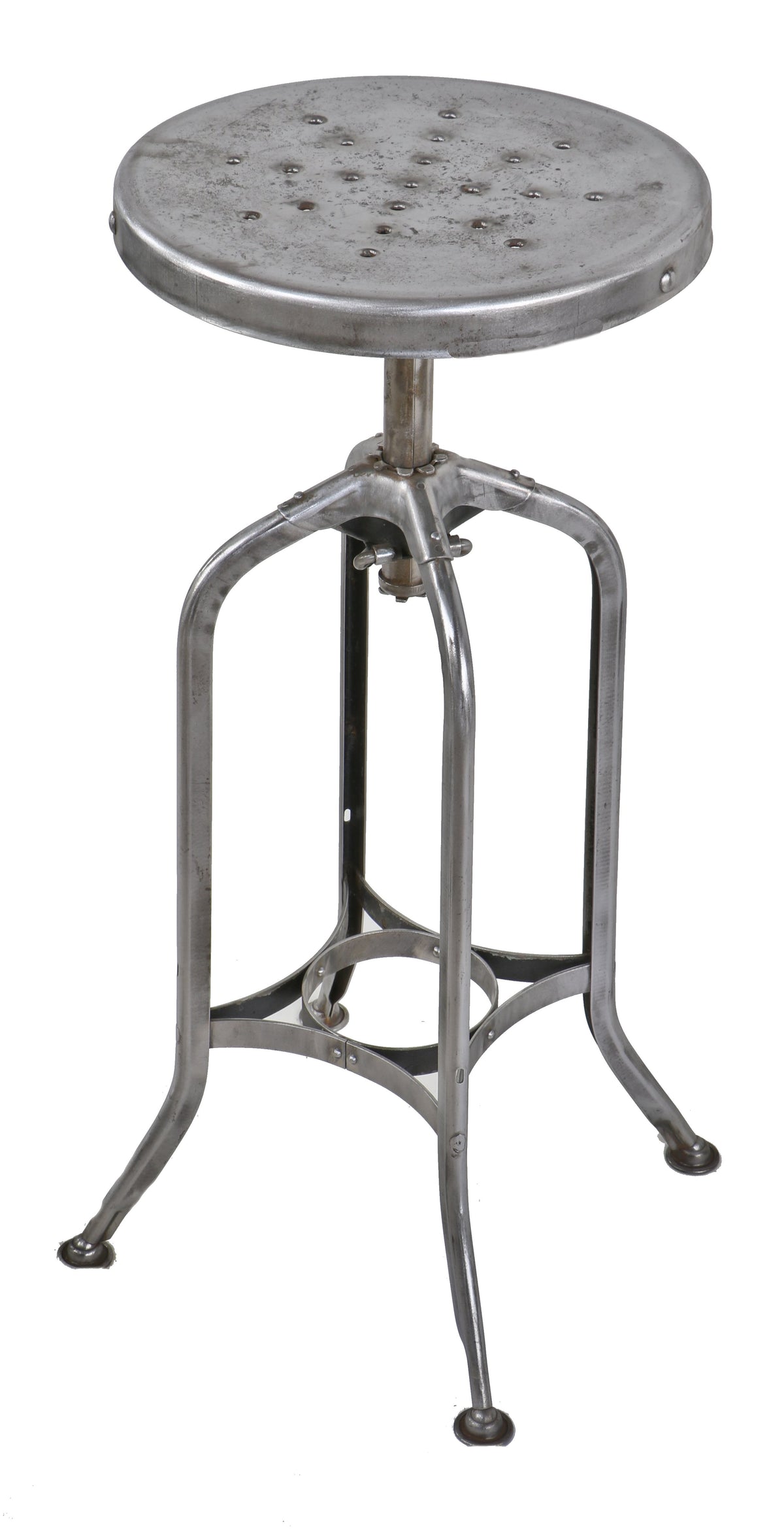 c. 1930's pressed and folded adjustable height "uhl art steel" heavy gauge cold-rolled steel four-legged toledo stool with perforated circular-shaped seat