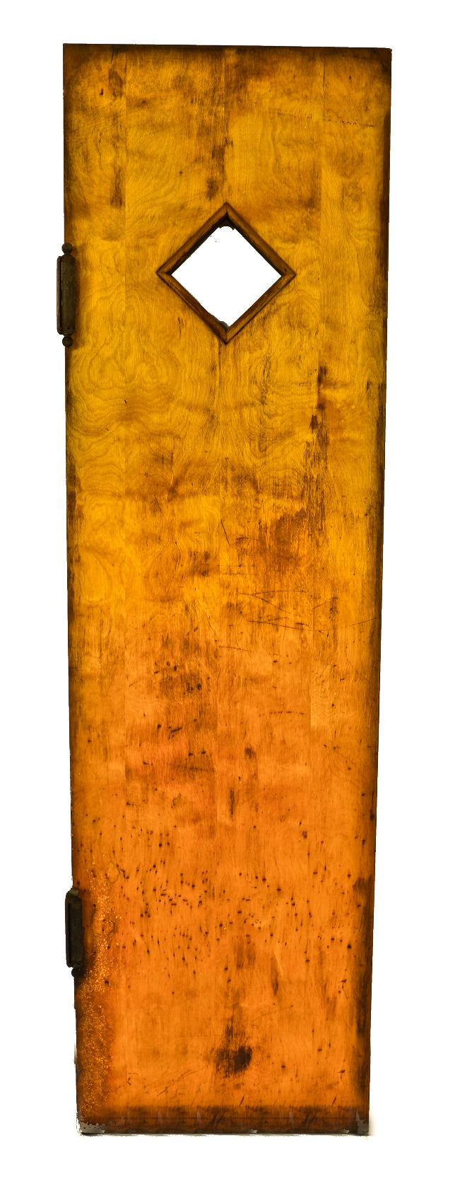 unique american industrial lightly stained maple wood interior chicago restaurant "bommer" double acting spring-hinged door with diamond-shaped portal