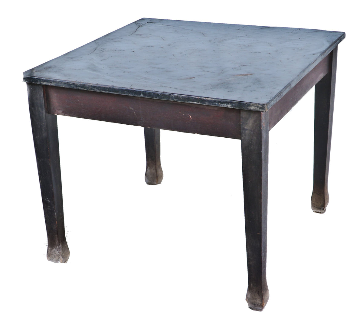 early 1920's original and well-maintained dark mahogany stained wood restaurant table with tapered post legs and black composite top