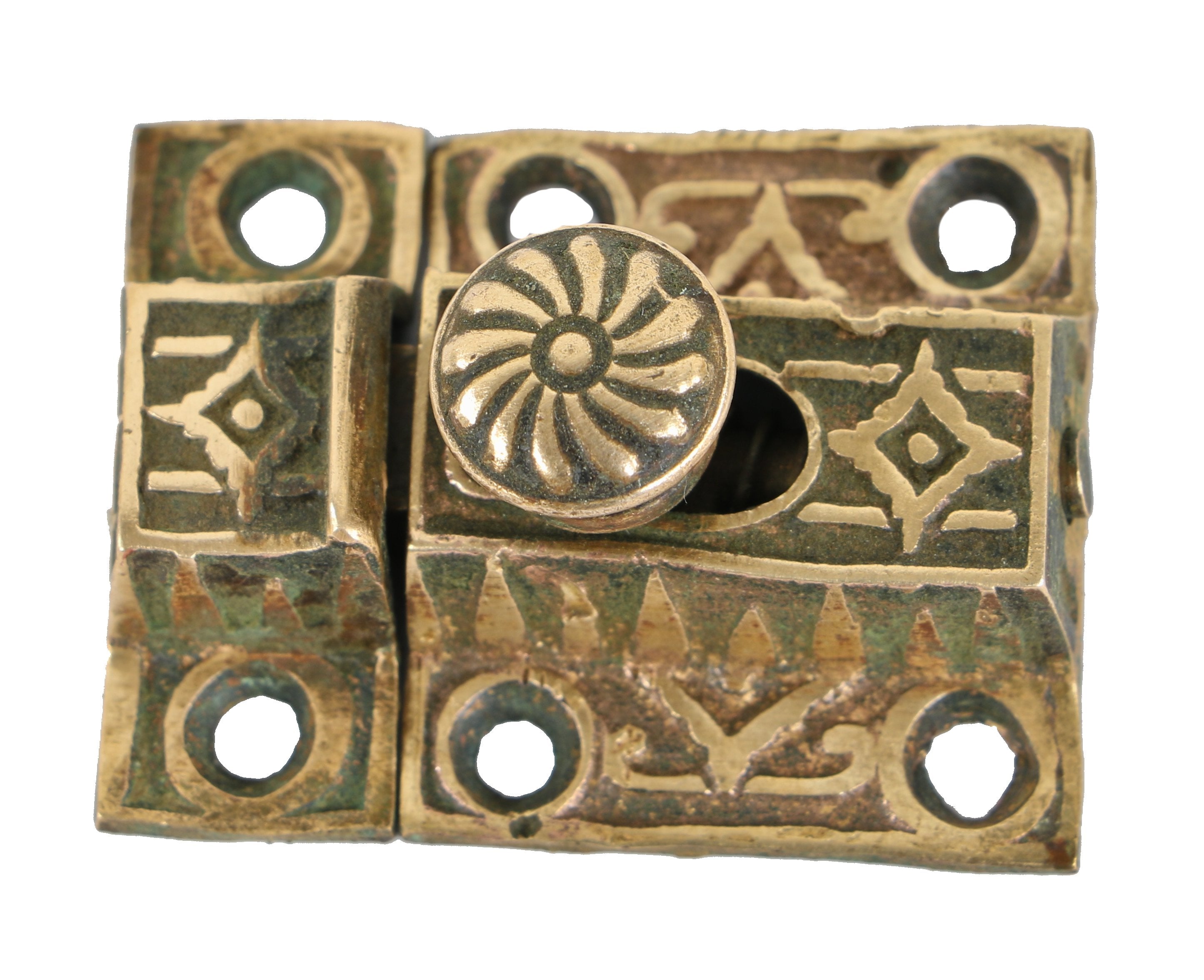 single original and intact diminutive c. 1880's diminutive interior residential fully functional cast brass cabinet or cupboard latch with matching catch