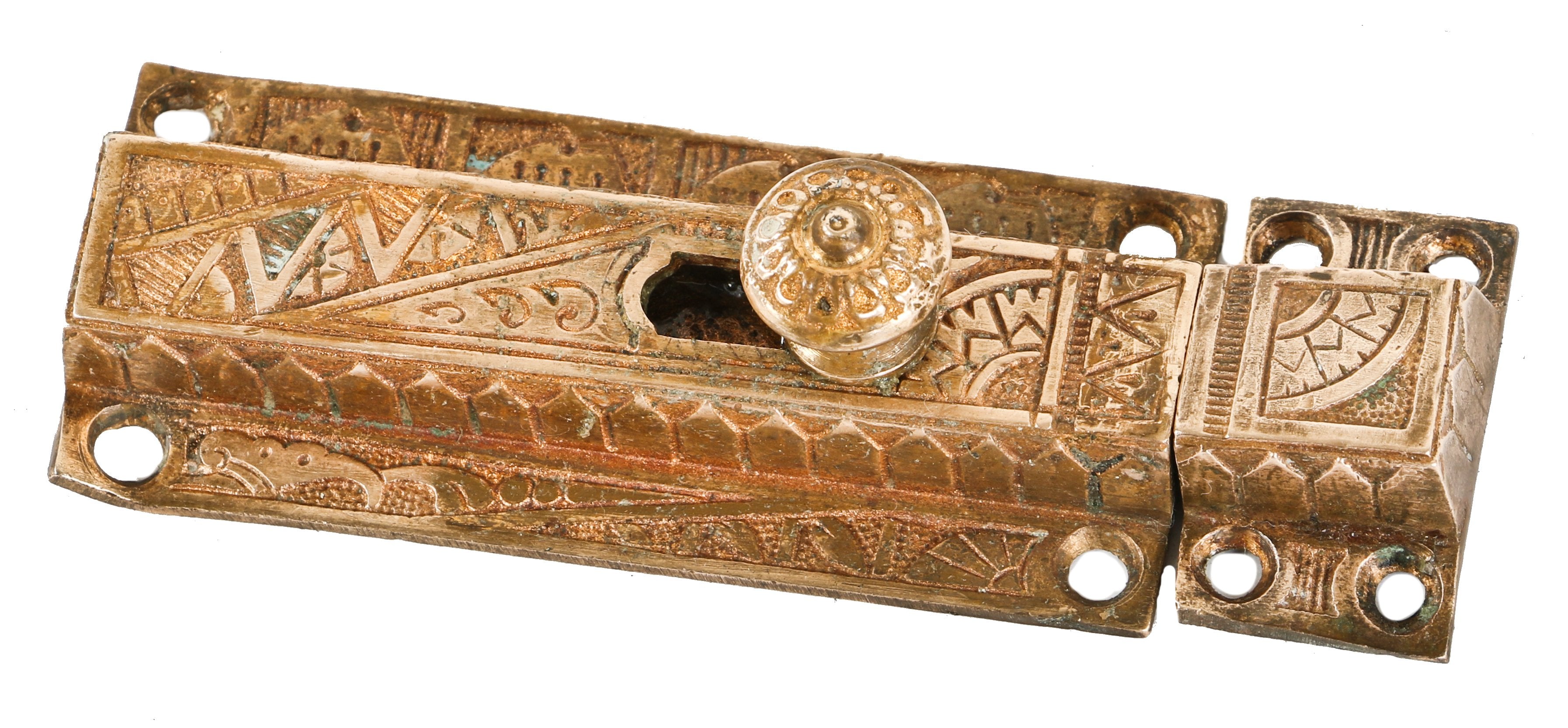oversized c. 1880's antique american eastlake style "oriental" pattern ornamental cast brass surface mount sliding door bolt with hard to find original keeper
