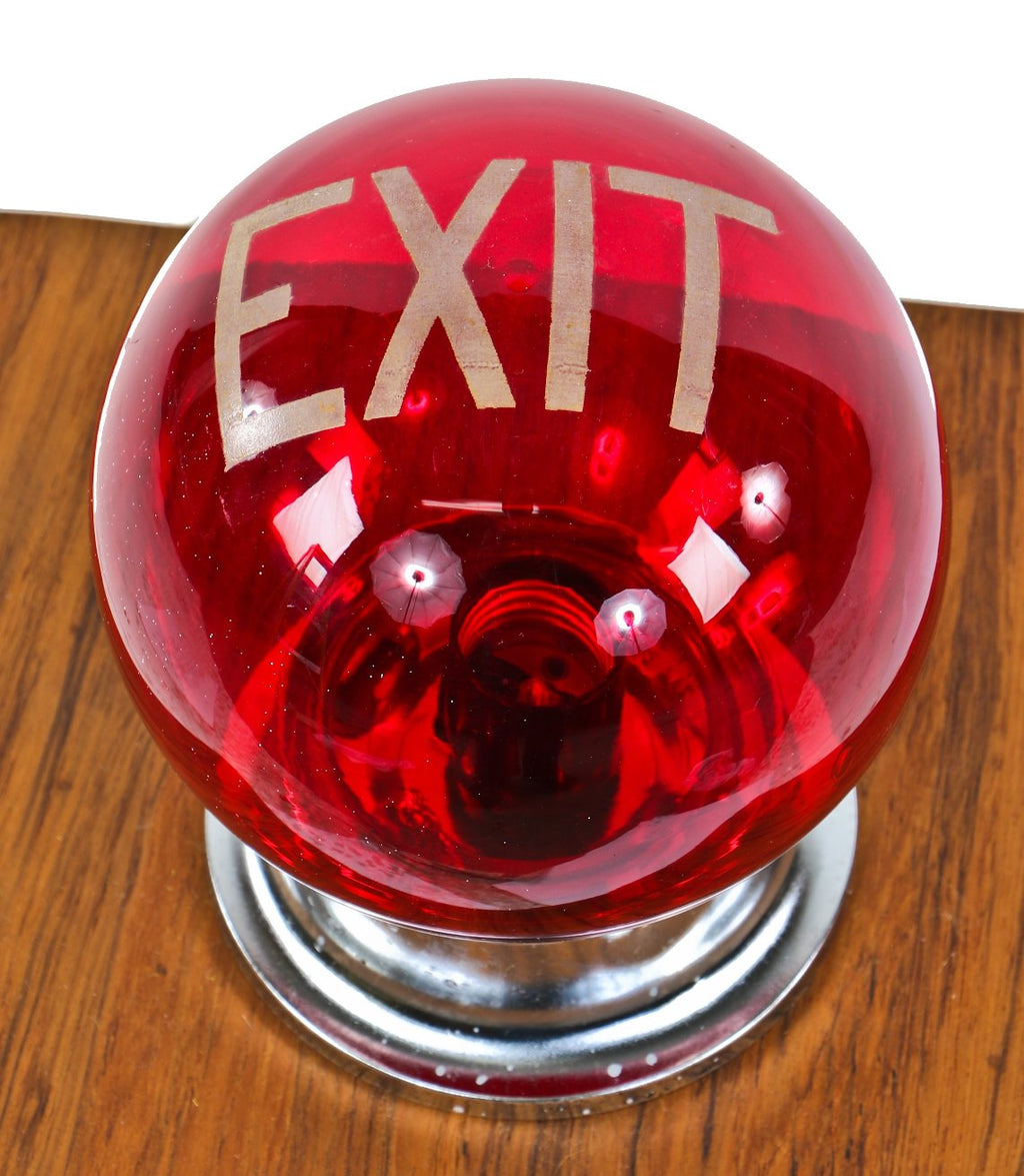 single original depression era ruby red glass baked-on white enameled hotel wall-mount illuminated exit light sconce with polished chrome shade fitter