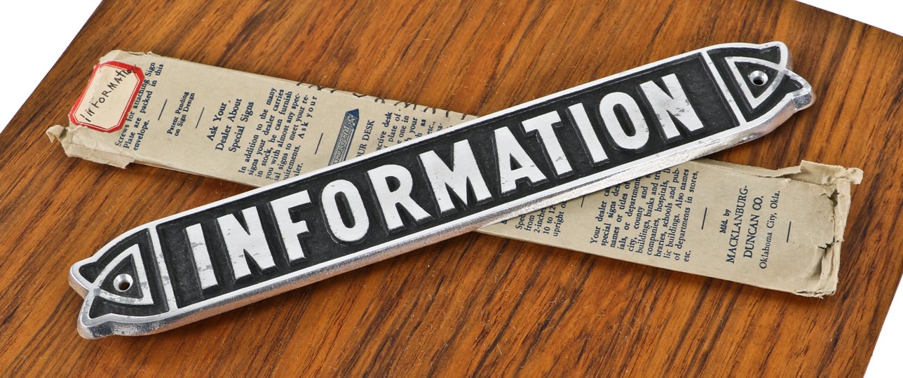 all original c. 1930's depression era single-sided new old stock art deco style "information" cast aluminum door or wall plaque with intact baked black enameled inlay