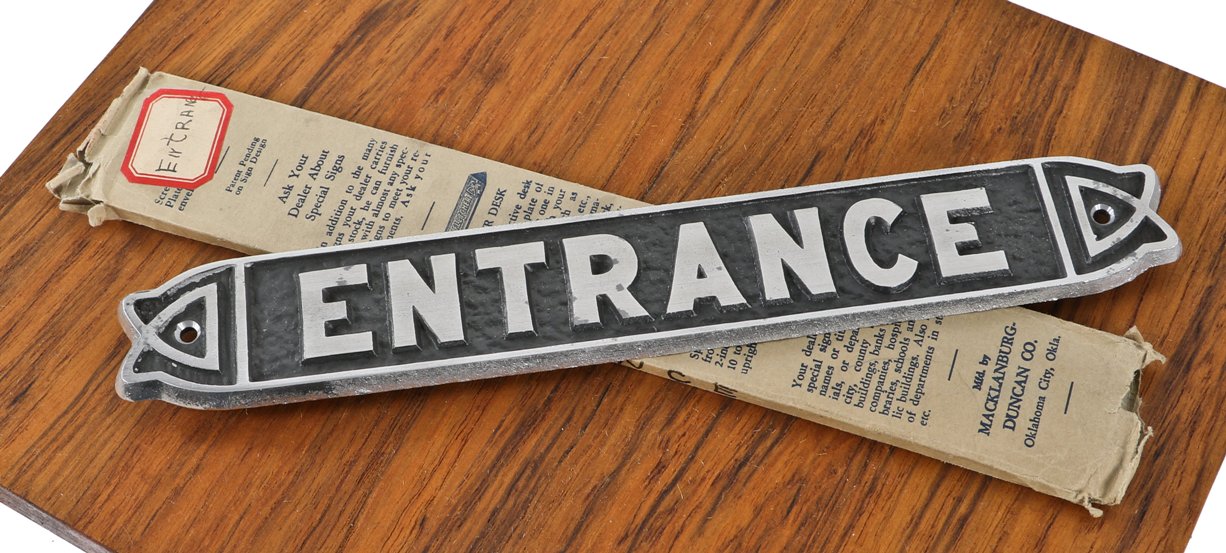 original c. 1930's depression era single-sided new old stock art deco style "entrance" cast aluminum door or wall plaque with intact baked-on black enameled inlay