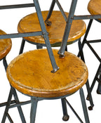 large lot of 18 matching all original american vintage industrial detroit automotive assembly plant angled and riveted joint steel stools with solid maple seats