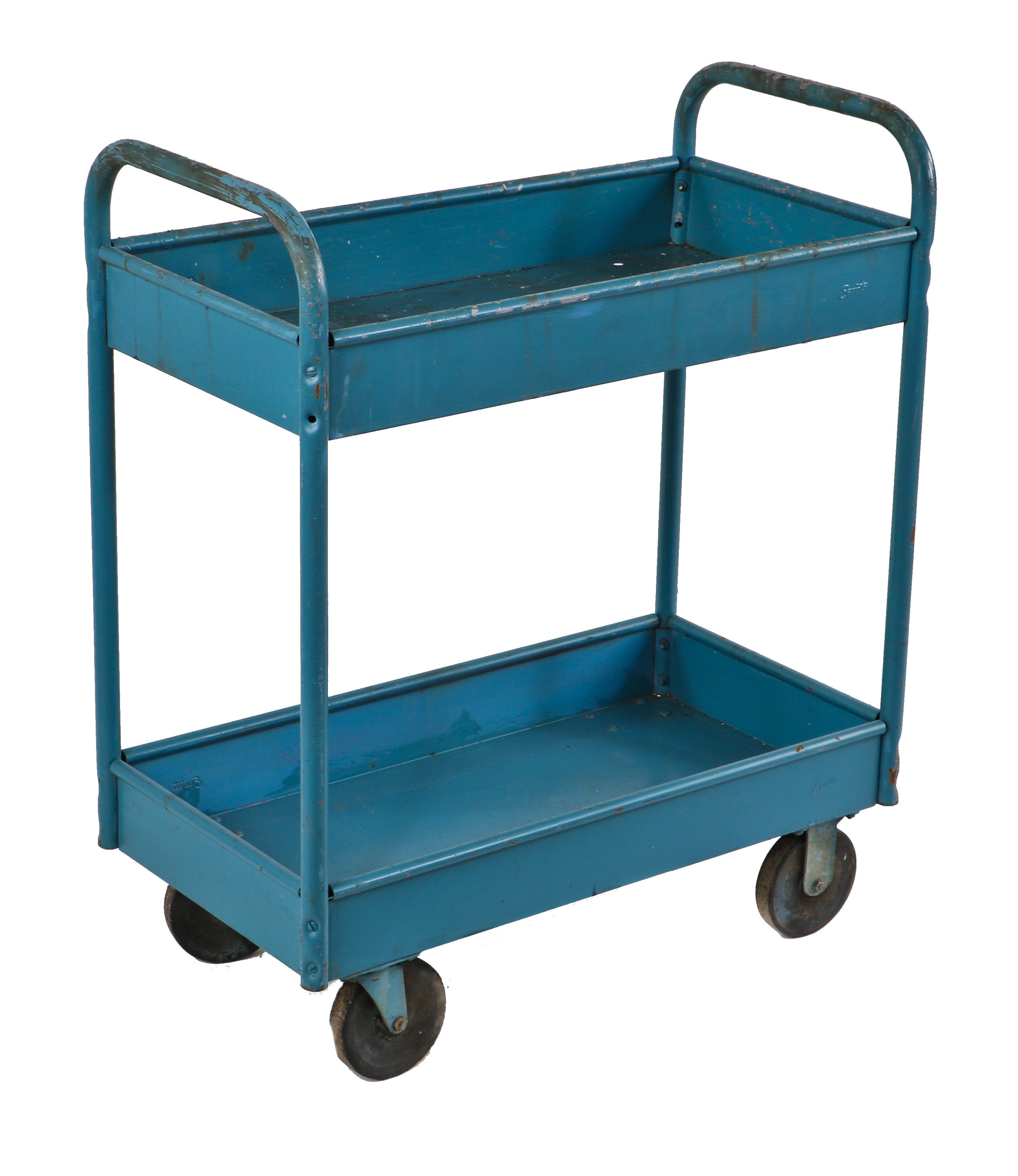original early 1940's fully functional factory blue painted "equipto" pressed and folded two-tier steel plumbing and pipe fitting shop cart with casters
