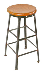 all original c. 1930's depression era antique american industrial olive green enameled factory machinist four-legged stool with original solid maple wood seat