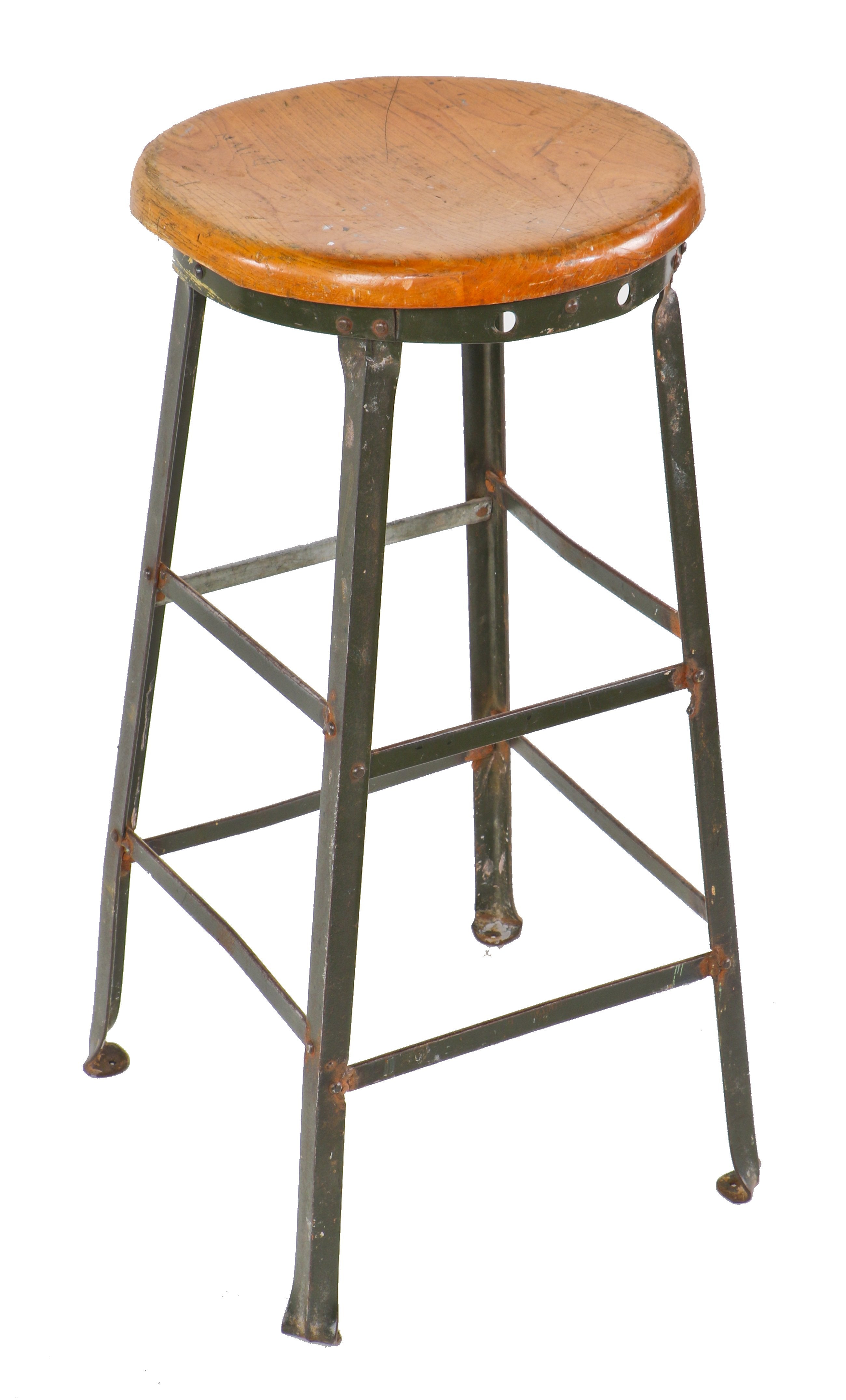all original c. 1930's depression era antique american industrial olive green enameled factory machinist four-legged stool with original solid maple wood seat