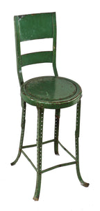 fully adjustable early 1920's hard to find american antique industrial green painted angled steel four-legged stool with original intact metal backrest