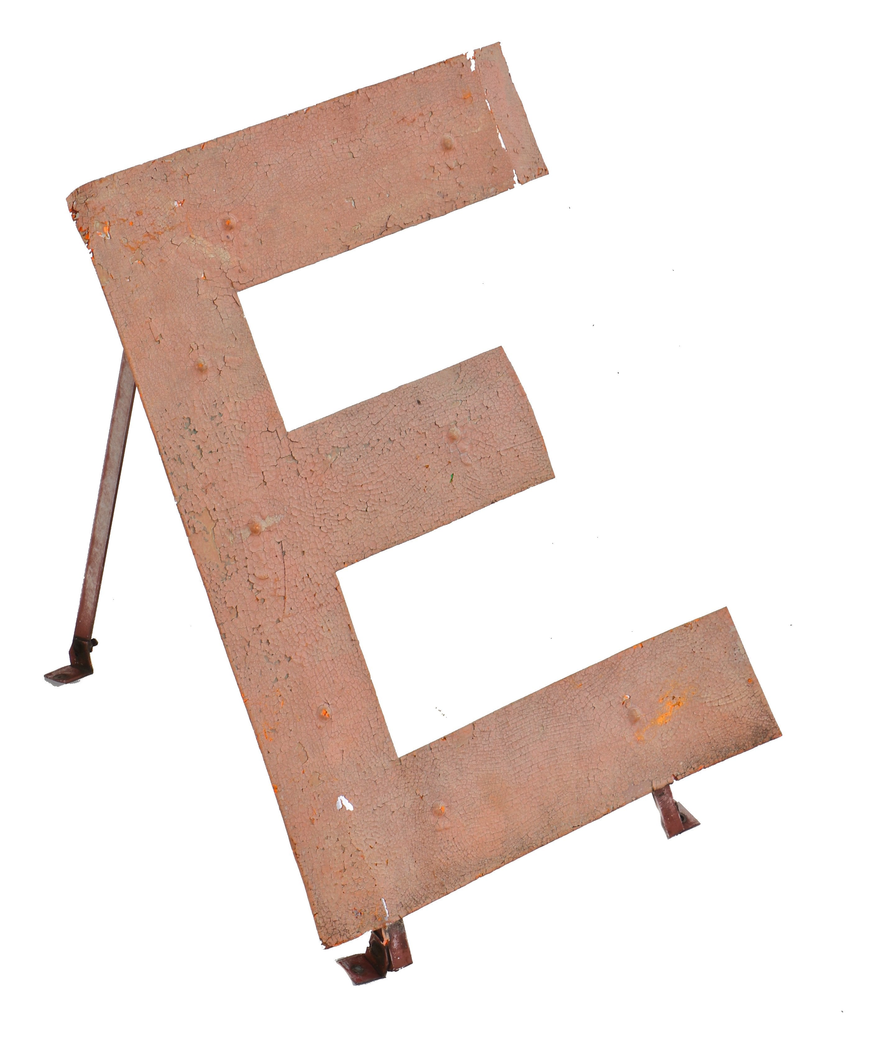 c. 1950's single original hand-crafted television repair shop sheet meet sign letter "e" with angled bracket and a nicely weathered allover crazed finish
