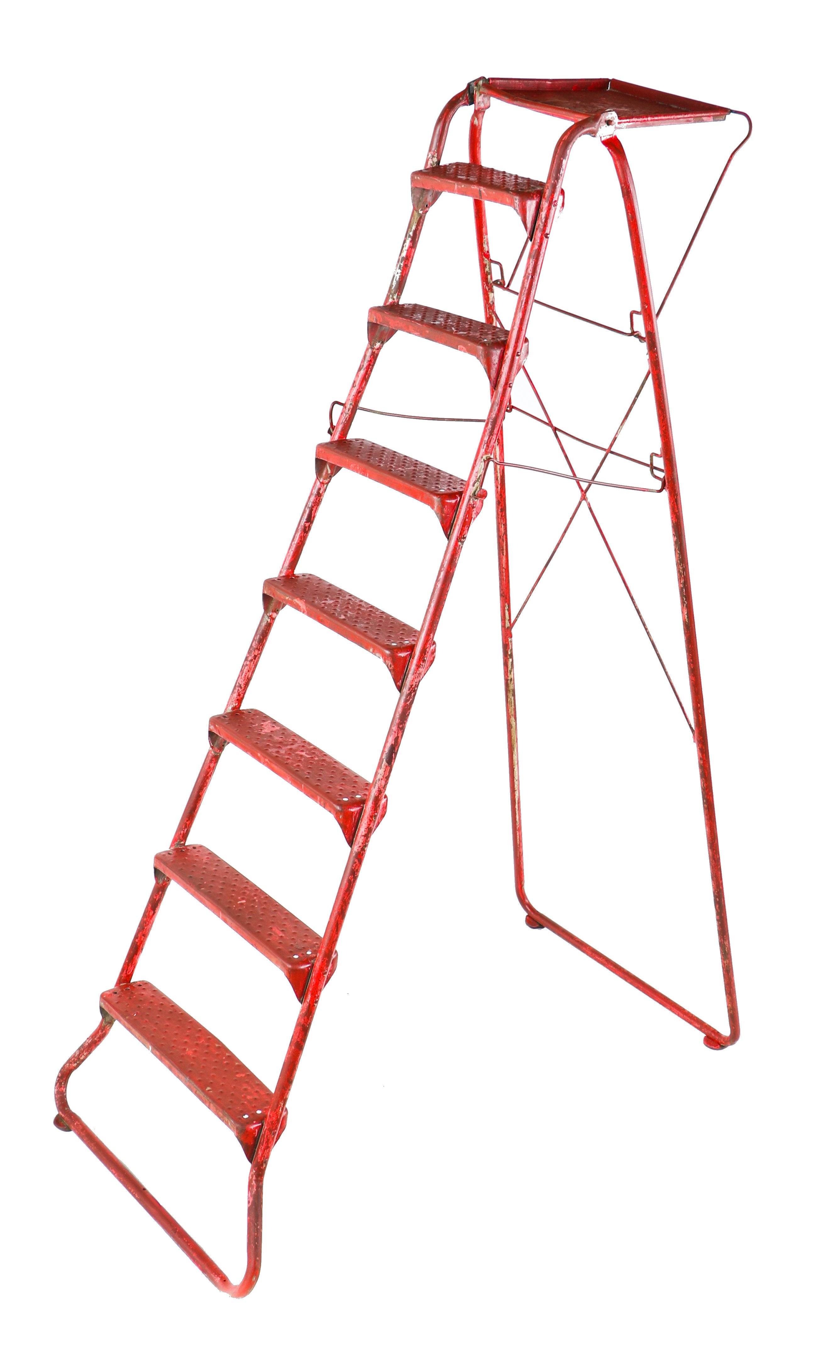 c. 1930's or 1940's american antique industrial reinforced tubular steel red painted collapsible ladder with riveted joint rungs or steps and raised edge tray