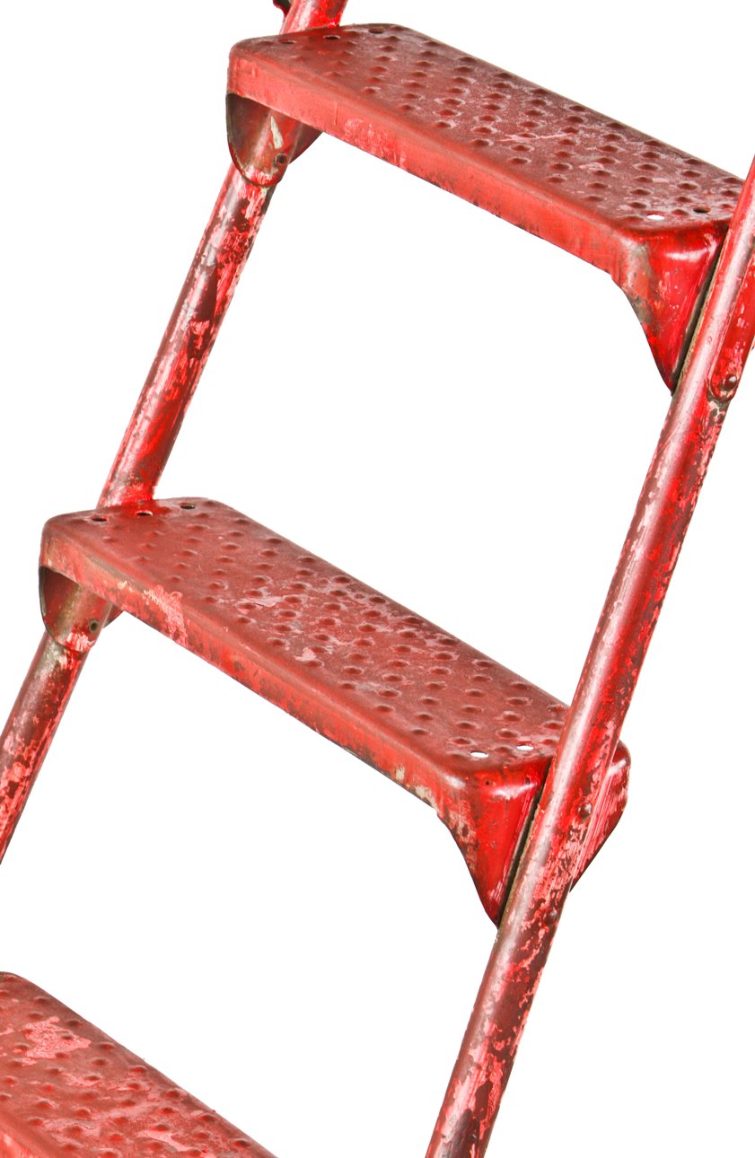 c. 1930's or 1940's american antique industrial reinforced tubular steel red painted collapsible ladder with riveted joint rungs or steps and raised edge tray