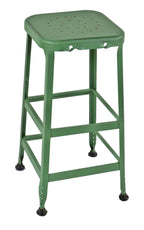 c. 1950's structurally sound and stable robust angled steel factory green enameled machine shop stool with two tiers of horizontal stretchers for added rigidity