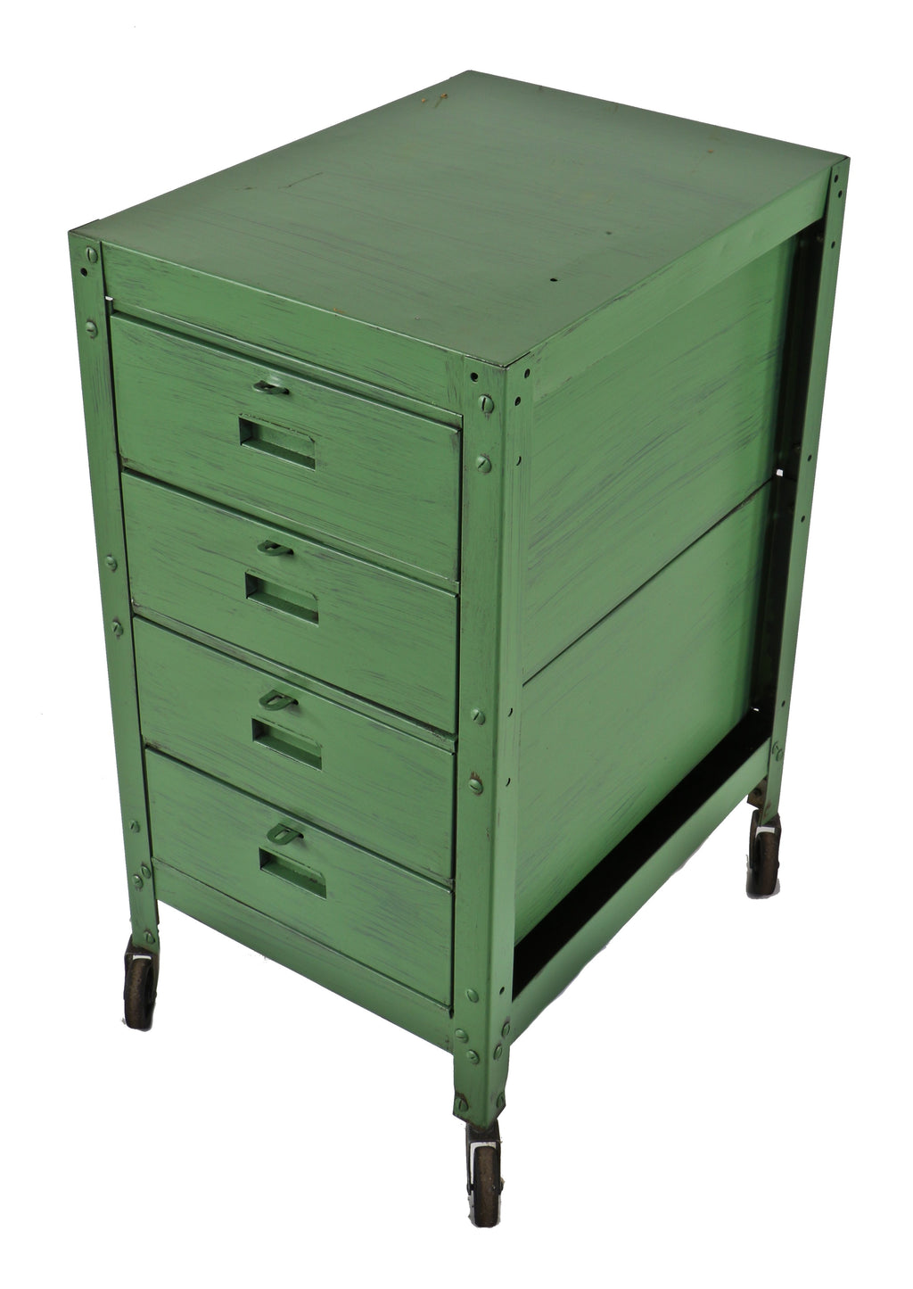 factory green enameled pressed and folded steel mobile factory machine shop multi-drawer tool cabinet with deeply recessed handles and lockable hasps