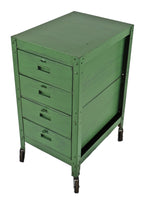 factory green enameled pressed and folded steel mobile factory machine shop multi-drawer tool cabinet with deeply recessed handles and lockable hasps