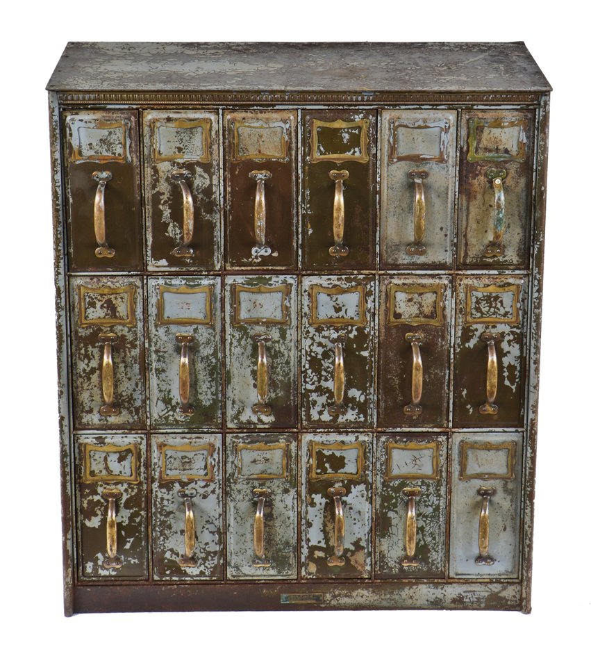 exceptional well-built and all original early 20th century freestanding "art metal" cook county hospital patient record filing cabinet with wrought brass handles and placard holders