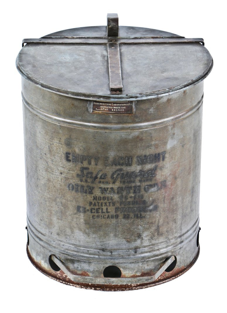 completely intact and fully operational early 1940's antique american industrial "empty every night" galvanized steel oily rag waste can with foot-operated lever