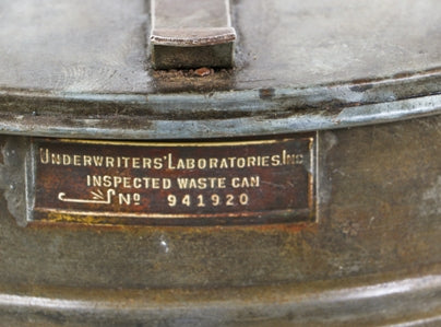 intact and fully operational early 1940's antique american industrial "empty every night" galvanized steel oily rag waste can with foot-operated lever