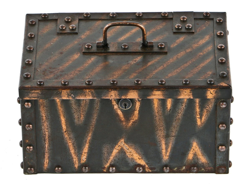 all original and intact 19th century antique american oxidized copper or "tiger stripe" plated riveted joint portable safe box with original lock and wrought steel drop handle