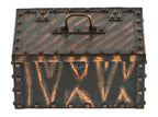 all original and intact 19th century antique american oxidized copper or "tiger stripe" plated riveted joint portable safe box with original lock and wrought steel drop handle