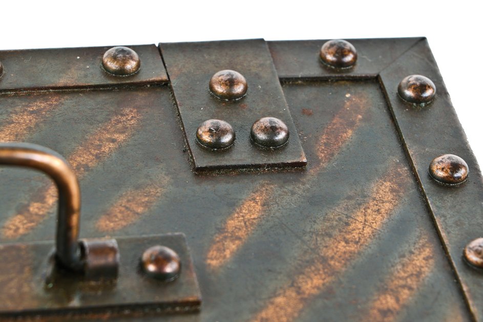 all original and intact 19th century antique american oxidized copper or "tiger stripe" plated riveted joint portable safe box with original lock and wrought steel drop handle