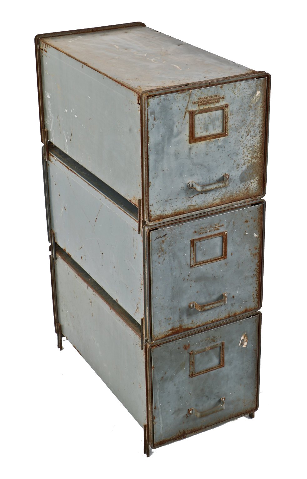 c. 1930's interlocking american antique industrial reinforced weathered and worn steel freestanding "gf" transfer file cabinet with riveted handles and placard holders