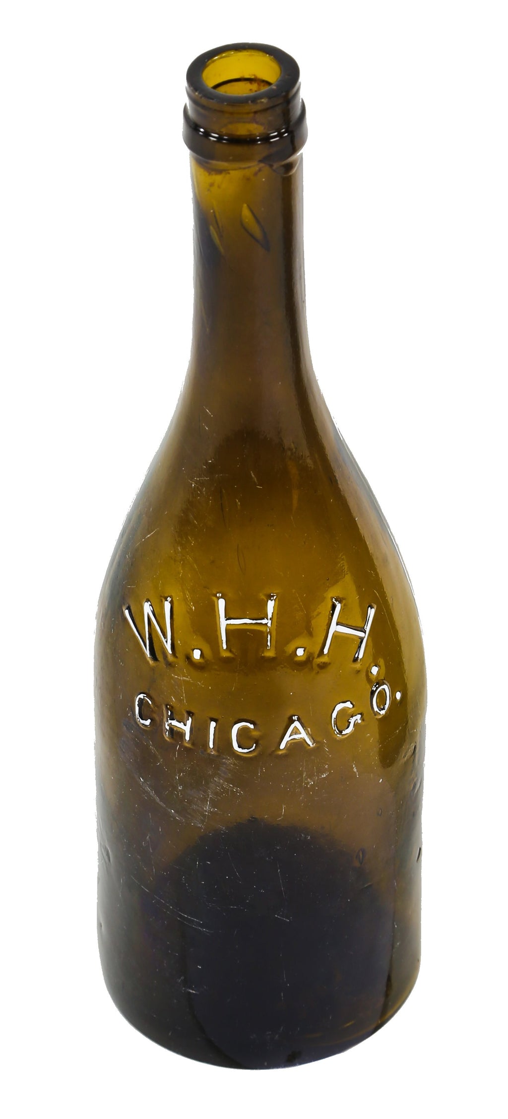 very rare and completely intact chicago privy dug c. 1865-7 deep olive green champagne shaped quart size bottle manufactured for chicago bottler william henry hutchinson.