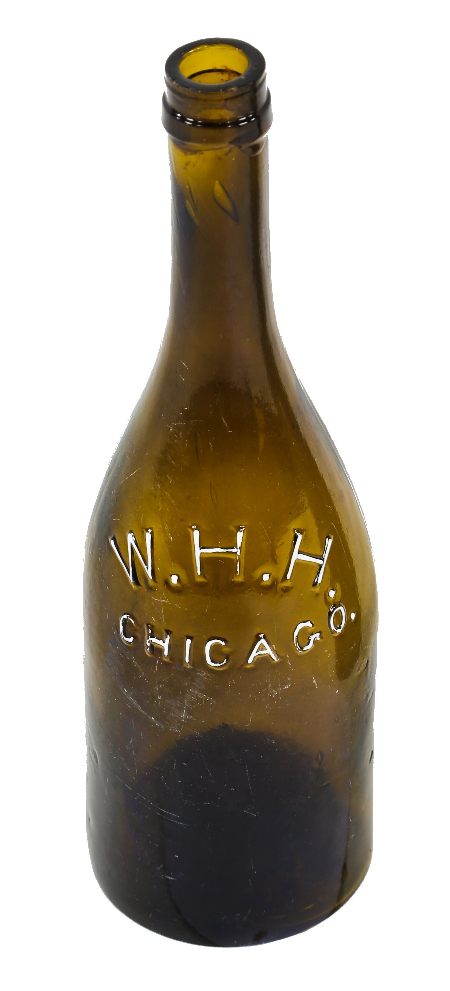 very rare and completely intact chicago privy dug c. 1865-7 deep olive green champagne shaped quart size bottle manufactured for chicago bottler william henry hutchinson.