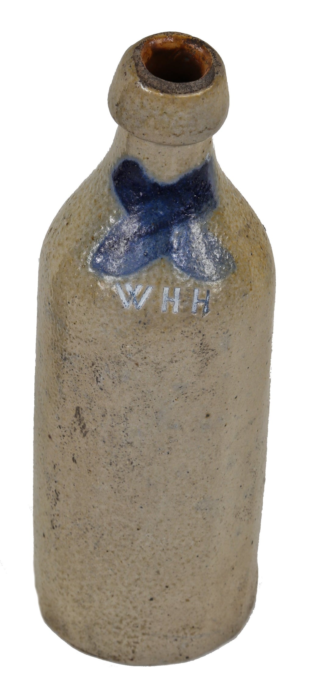 exceptionally rare c. late 1850's salt glazed beer or cider stoneware bottle with cobalt blue "x" manufactured for chicago bottler william henry hutchinson.