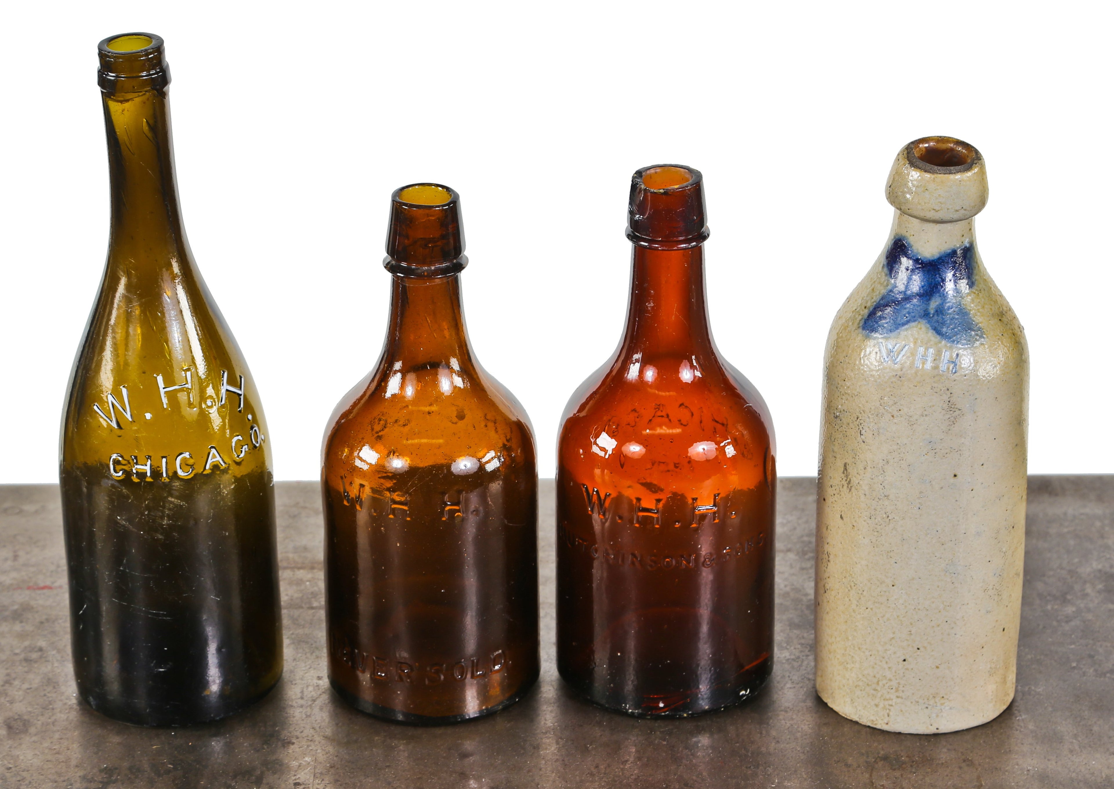 original and intact c. 1865-75 hard to find antique american amber glass squat quart ale bottle manufactured for william h. hutchinson bottling works.
