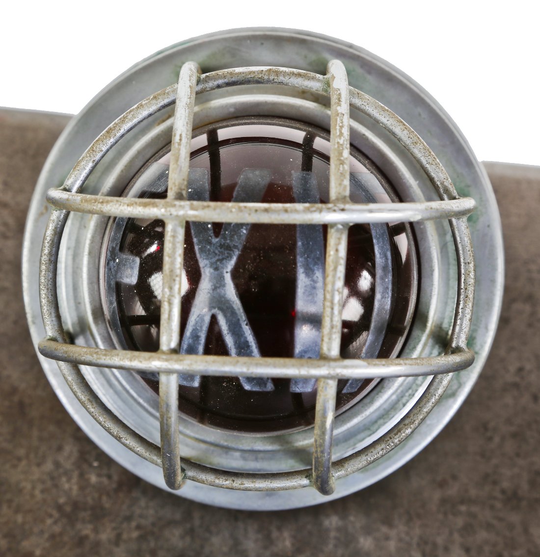 all original c. 1930's american depression era fully functional illuminated ruby red glass interior school gymnasium wall-mount exit light fixture with cage