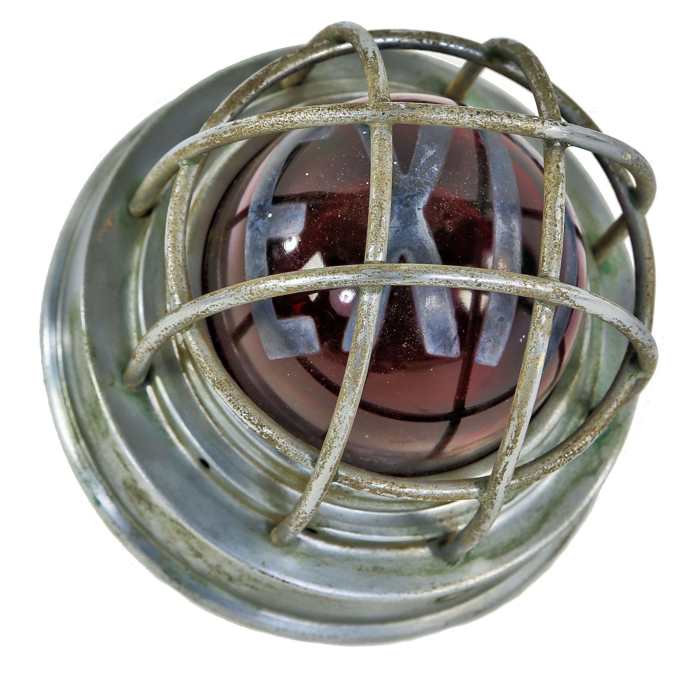 all original c. 1930's american depression era fully functional illuminated ruby red glass interior school gymnasium wall-mount exit light fixture with cage
