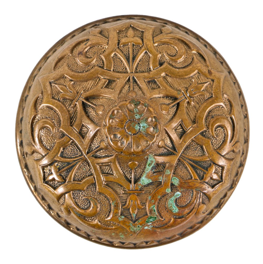 original single early 1870's heavily ornamented oversized entrance door cast bronze banded rim "compression cast" intricately designed doorknob with nicely aged surface patina