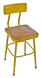 adjustable height original c. 1950's american industrial four-legged weathered yellow painted lightweight pressed and folded steel "lyon" factory machine shop stool