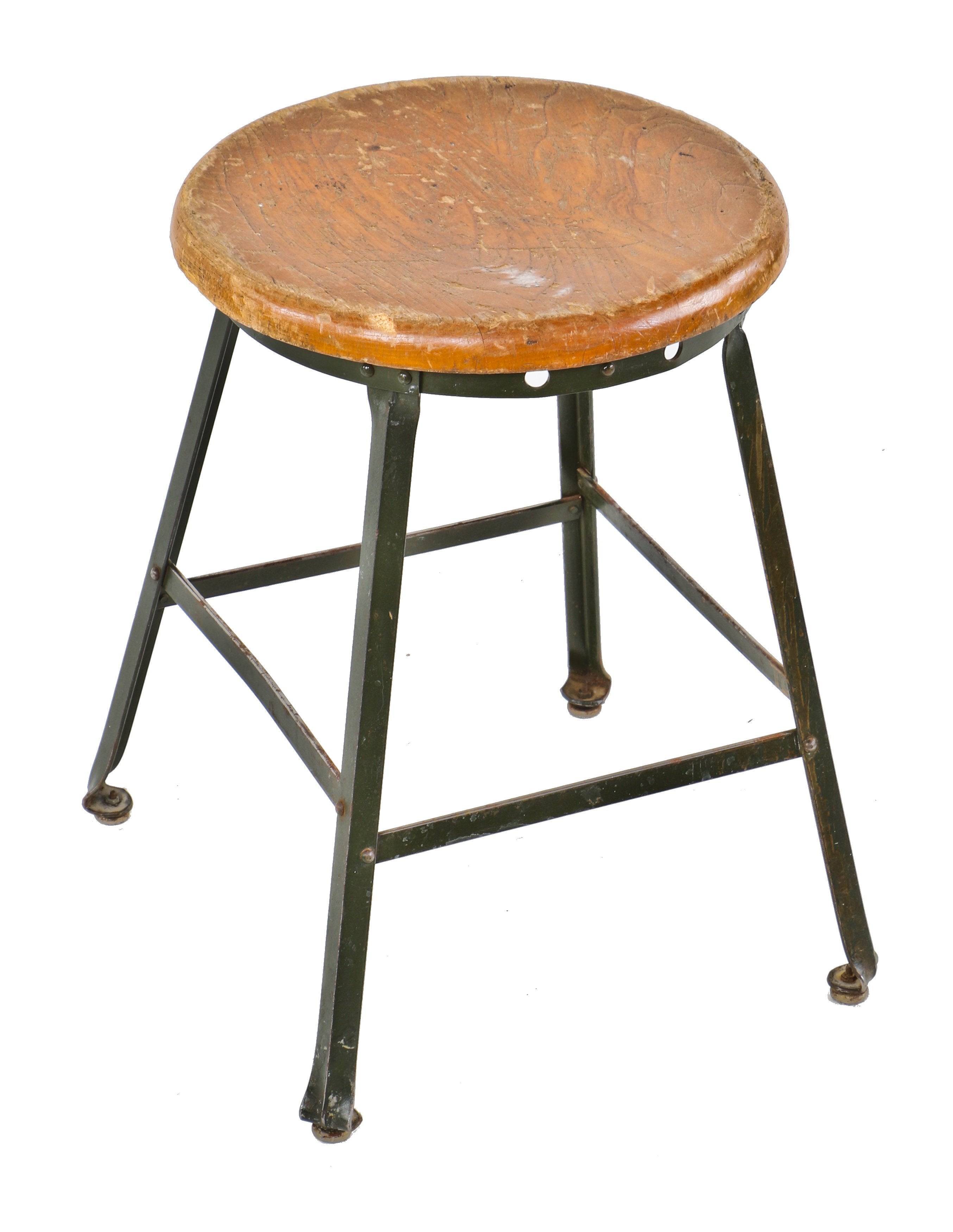 late 1930's original antique american industrial low-lying four-legged angled steel maple wood top factory stool with riveted joint angled steel base finished in the original factory green enamel over metal