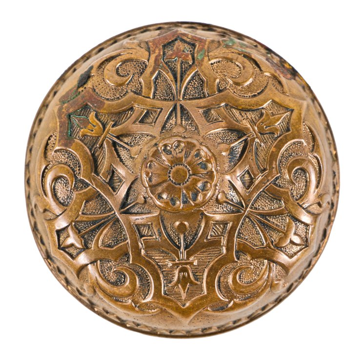 visually striking all original and intact banded rim ornamented cast bronze entrance size "compression cast" antique american 19th century doorknob
