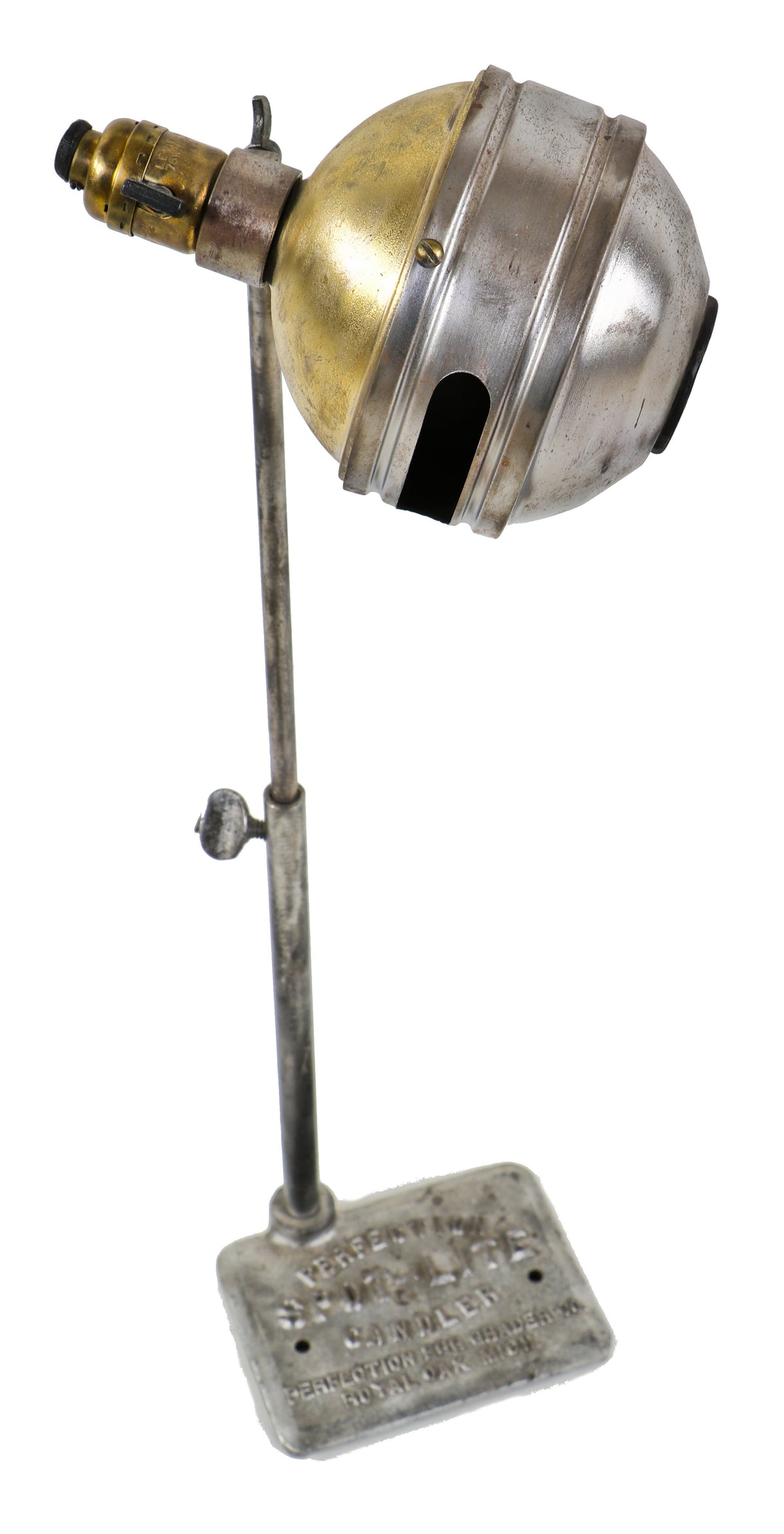 original american c. 1940's vintage industrial adjustable height "perfection" spot-lite candler with weighted cast iron stand