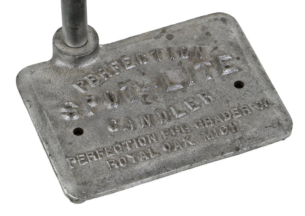 original american c. 1940's vintage industrial adjustable height "perfection" spot-lite candler with weighted cast iron stand