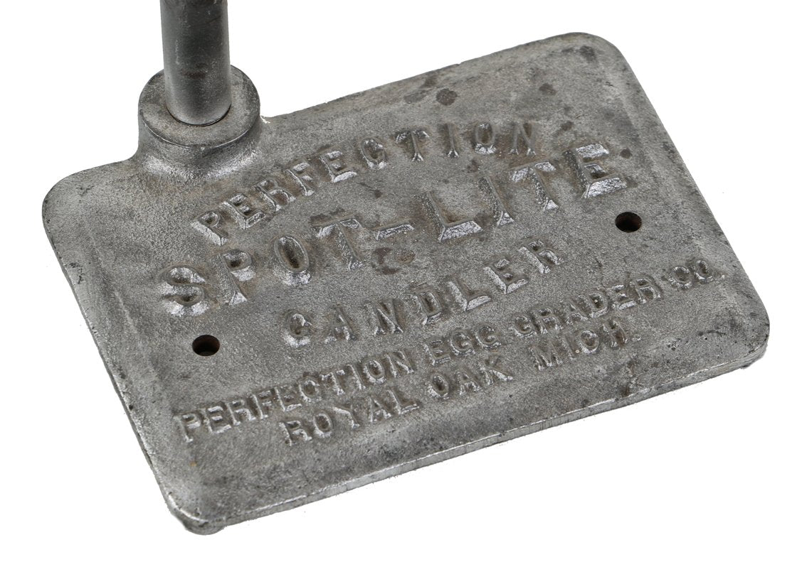 original american c. 1940's vintage industrial adjustable height "perfection" spot-lite candler with weighted cast iron stand