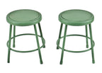 two matching c. 1950's low-lying factory green enameled stationary four-legged american industrial factory machine shop stools with welded joint heel or foot rings