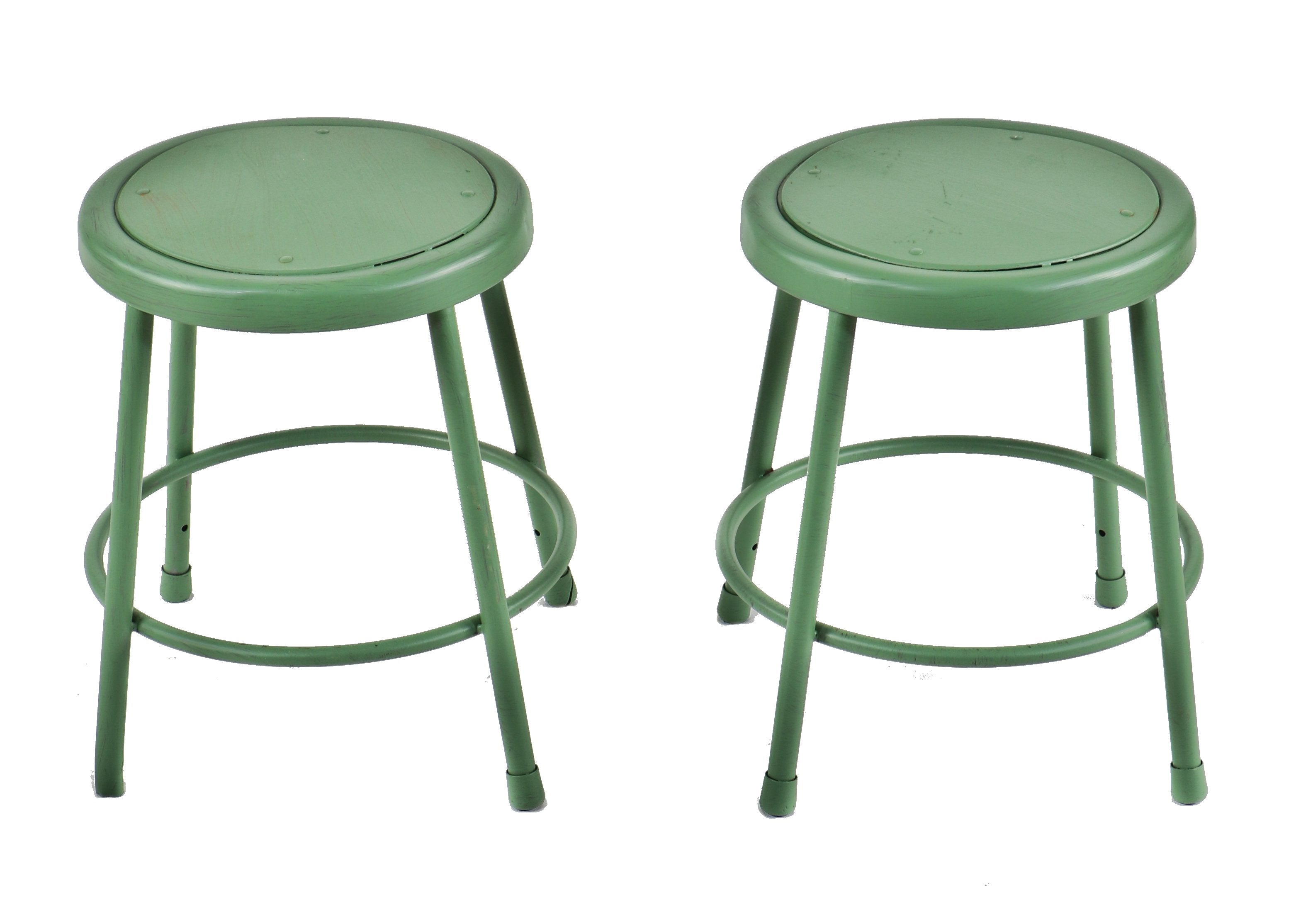 two matching c. 1950's low-lying factory green enameled stationary four-legged american industrial factory machine shop stools with welded joint heel or foot rings