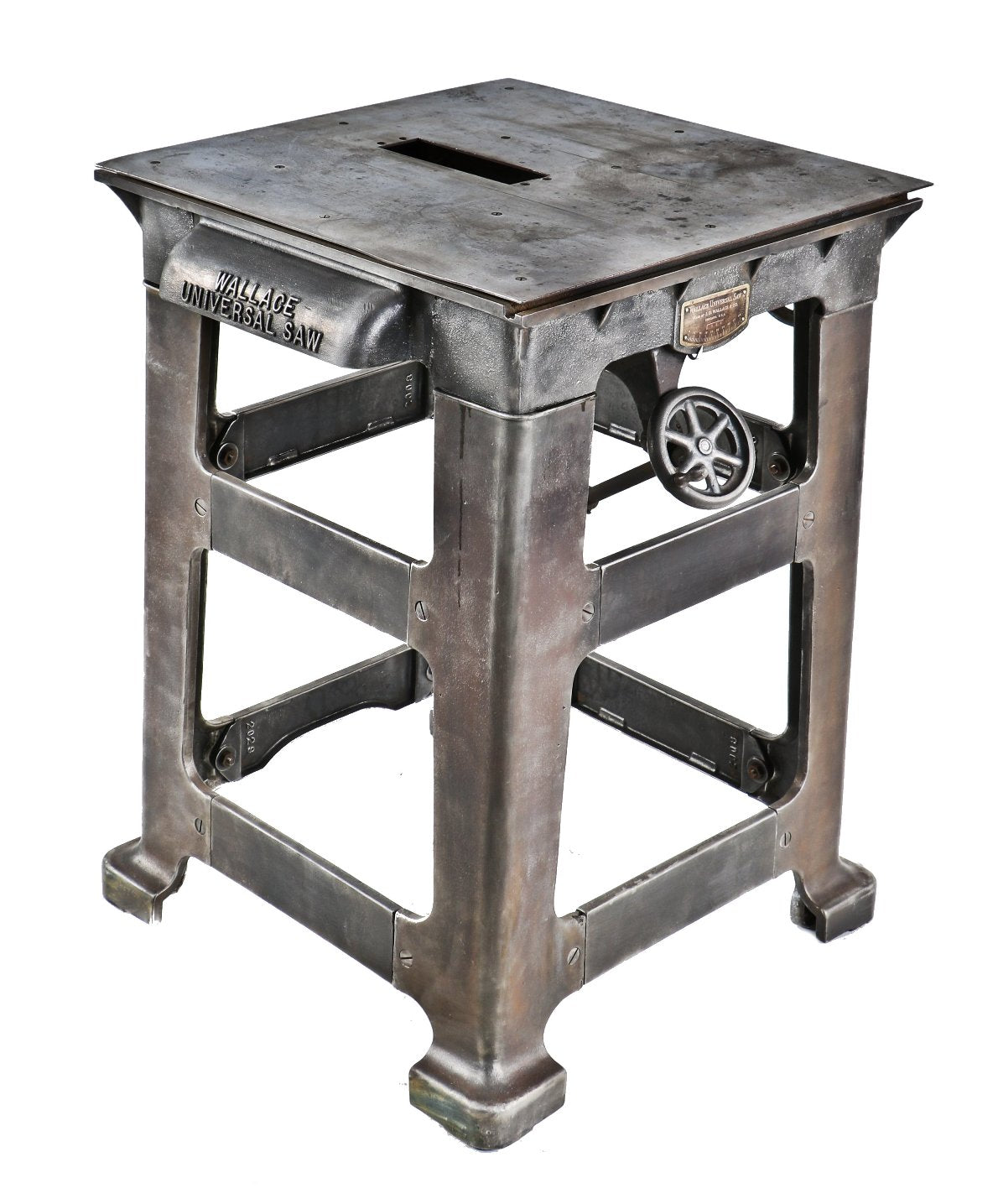 original c. 1917-18 antique american industrial seldom found refinished cast iron "universal" wallace table saw base with detachable top and original manually adjusted spoked wheels
