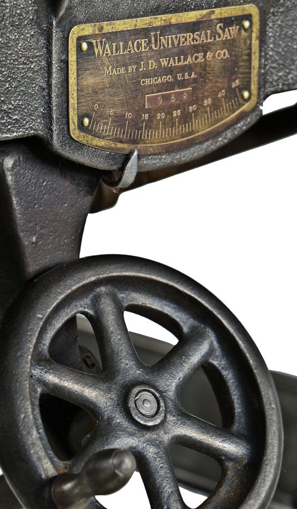 original c. 1917-18 antique american industrial seldom found refinished cast iron "universal" wallace table saw base with detachable top and original manually adjusted spoked wheels