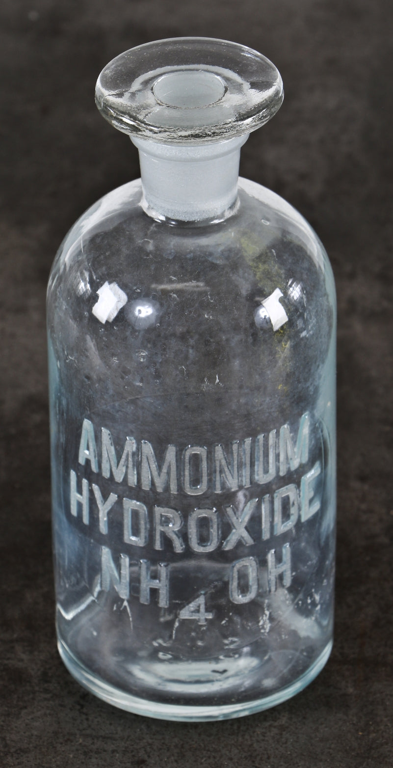 single c. 1920's original american vintage apothecary embossed letter chemistry lab ammonium hydroxide clear glass reagent bottle with intact topper